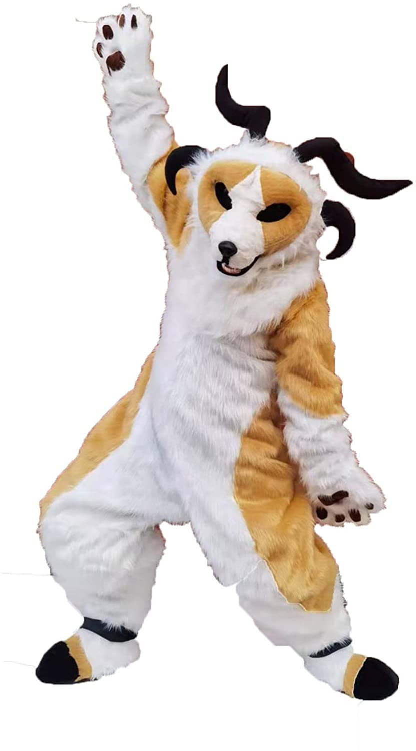 FurryMascot Muscle Horn Goat Sheep Kemono Eyes Plantigrade Bodysuit Fursuit Fullsuit Teen Costumes Child Full Furry Husky Wolf Dog Fox Cat Suit Furries Anime Digitigrade Costume Bent Legs -  by FurryMascot -