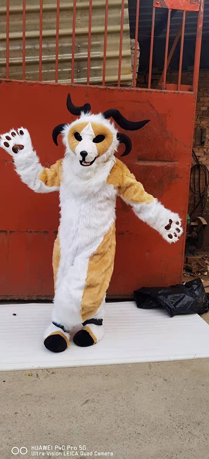 FurryMascot Muscle Horn Goat Sheep Kemono Eyes Plantigrade Bodysuit Fursuit Fullsuit Teen Costumes Child Full Furry Husky Wolf Dog Fox Cat Suit Furries Anime Digitigrade Costume Bent Legs -  by FurryMascot -