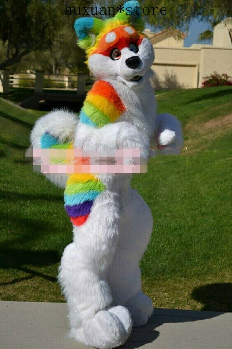 Best Quality on  Cute Rainbow Husky Dog Wolf Mascot Costume Fursuit Suits Cosplay Dress Birthday Party COSPLAY -  by FurryMascot -